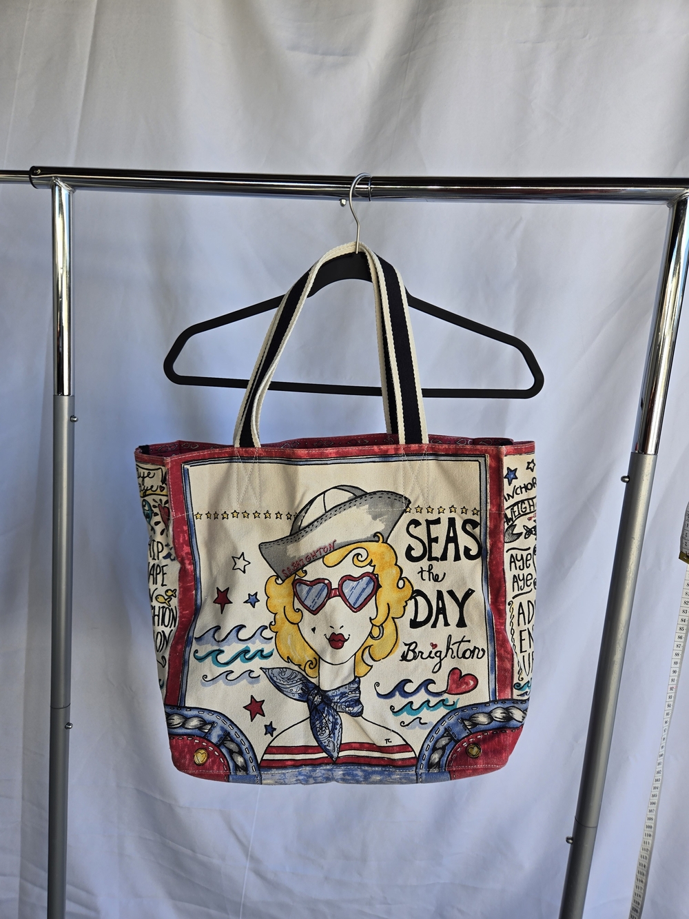 Brighton Canvas Tote with Red, Navy and Cream Seaside Art